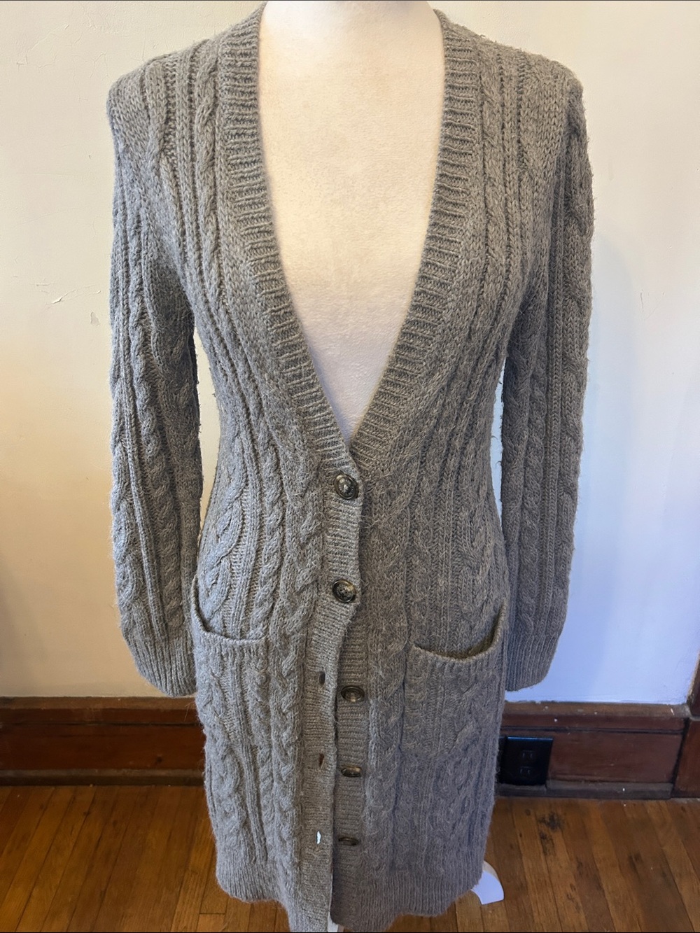 Lauren Ralph Lauren Gray Cable-Knit Long wool Cardigan with Pockets Size S EUC